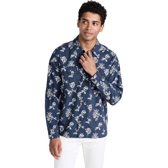 Vince Men's Ikat Floral Print Button Long Sleeve Shirt Blue Size Small NEW - Picture 2 of 8